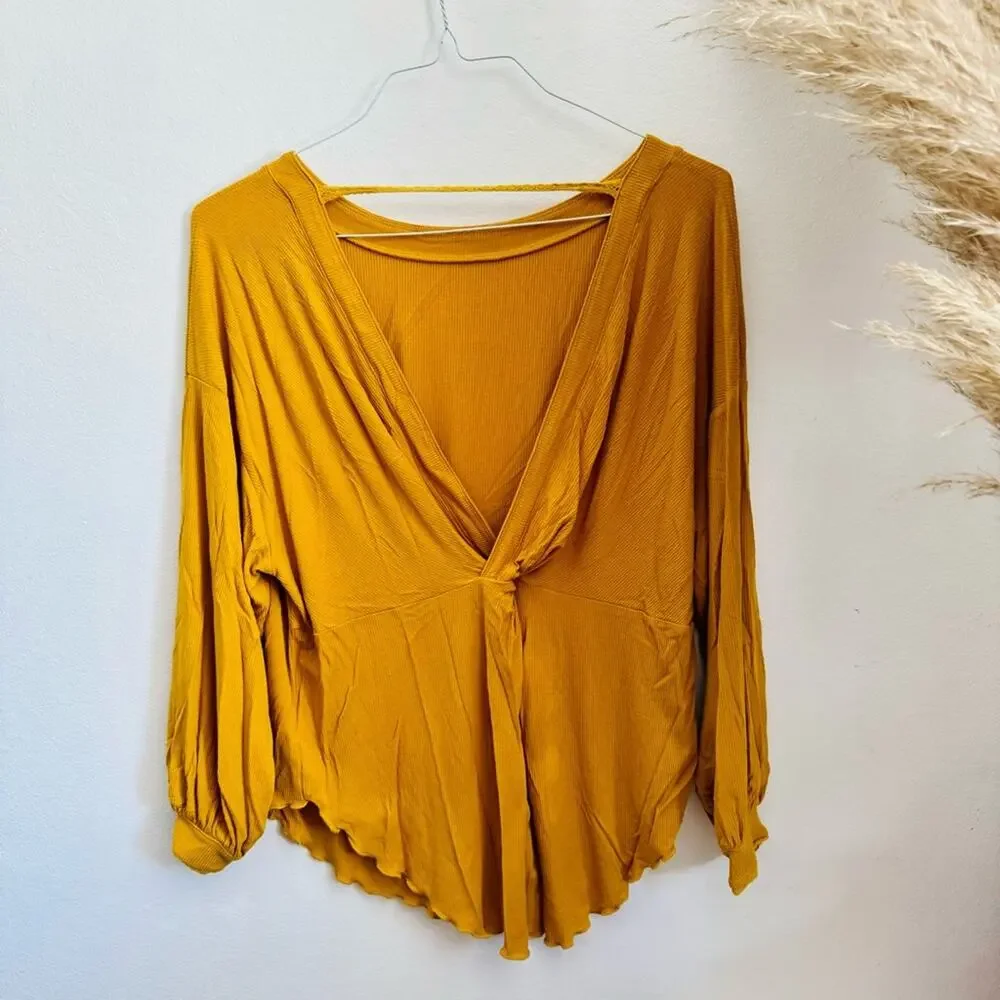 FP FREE PEOPLE Gold Mustard Ruffle Knit Open Back Balloon Sleeve Blouse Top XS